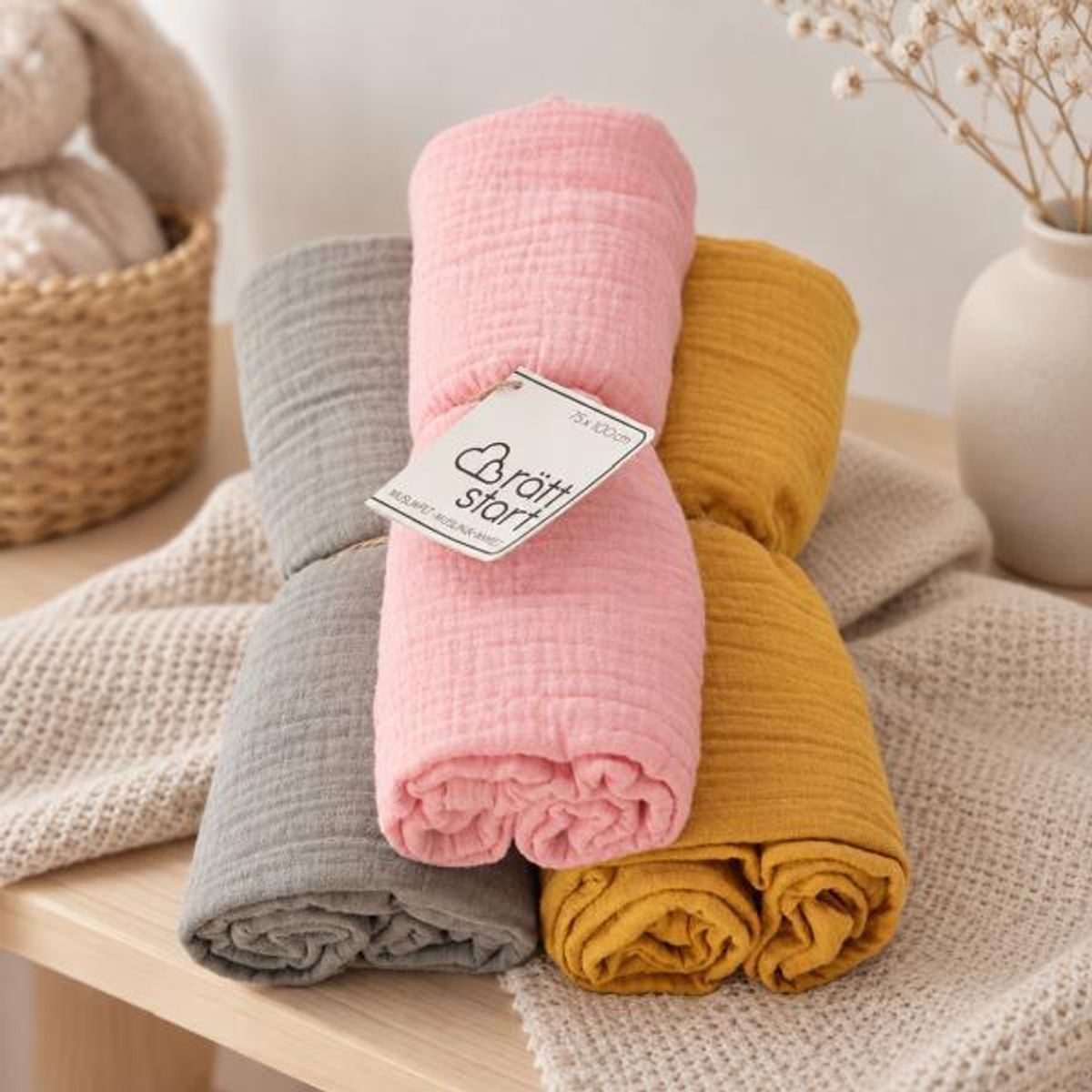 Rätt Start | Bomulls teppe | 3pk. | 75 x 100 cm | Beige, Gul, Rosa