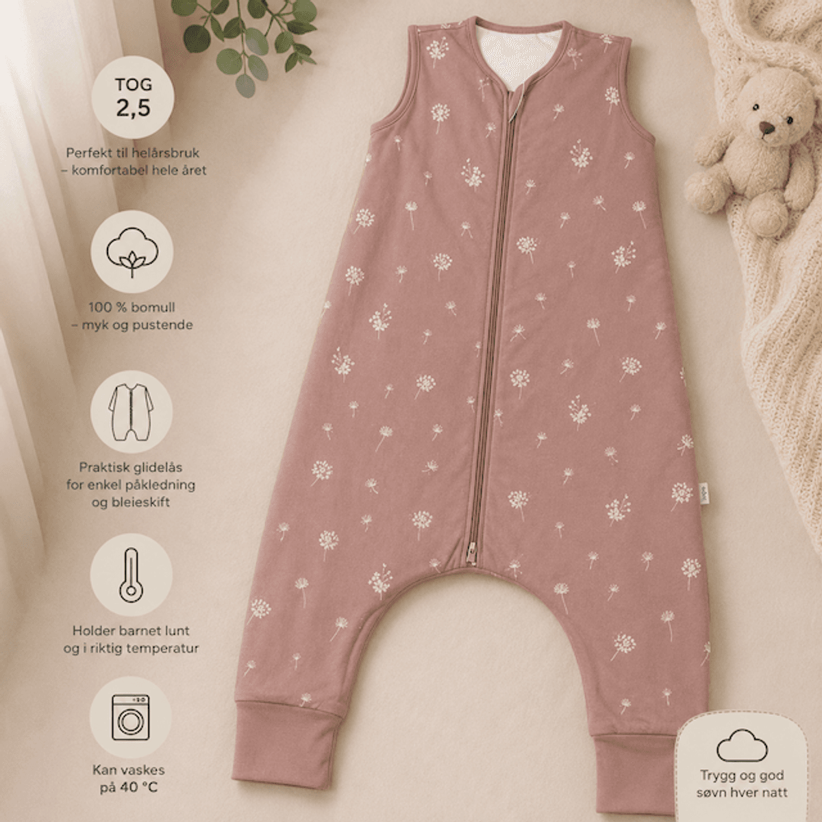 Fillikid | Helårs nattpose med ben | Str. 92 | Dandelion Pink