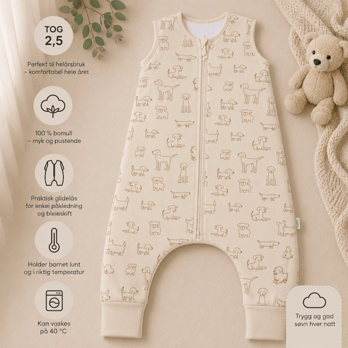 Fillikid | Helårs nattpose med ben | Str. 104 | Hund Beige